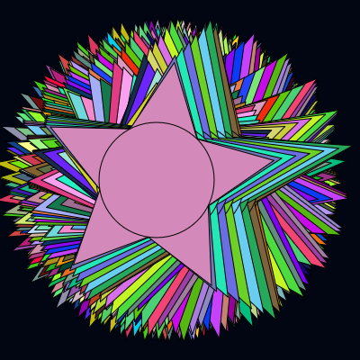 A multicolored geometric pattern created by a star that rotates, moves left to right and back, contracts, expands and changes colors. The pattern has many points forming an almost circular shape with visible layering, and it's possible to discern that each point was the point of a star that was drawn before. This image has many colors as the stars randomly change colors, all set against a black background. Near the center there is a medium star with a circle at its center and medium points, because its in the middle of the expansion-contraction cycle. 