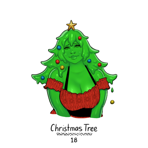 A small colour drawing of Jellifer the Shy Slime girl from head to waist. She wears a pretty red dress, and her green slime hair is styled to look somewhat like a Christmas tree, complete with colourful ornaments and a star on top. The text reads "Christmas Tree" and "18".