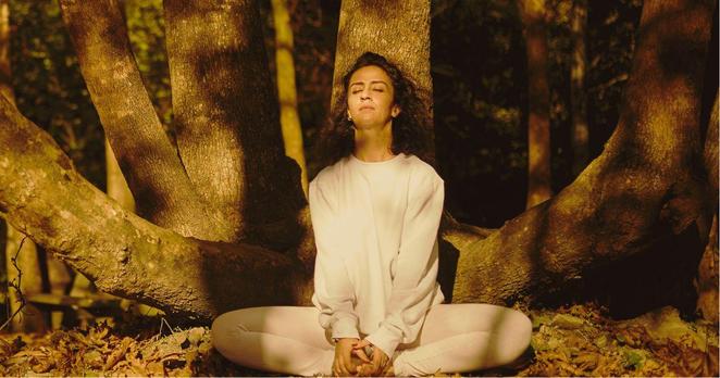 Meditator sitting near a tree.