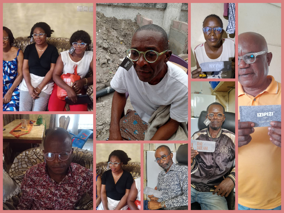 Collage aus mehreren Fotos. Alle zeigen überwiegend ältere Personen in Angola, die alle eine gespendete Brille tragen. Teils wurden die Fotos außen aufgenommen, teils in Innenräumen. Auf einem Foto sitzen 3 Frauen auf einem Sofa.  