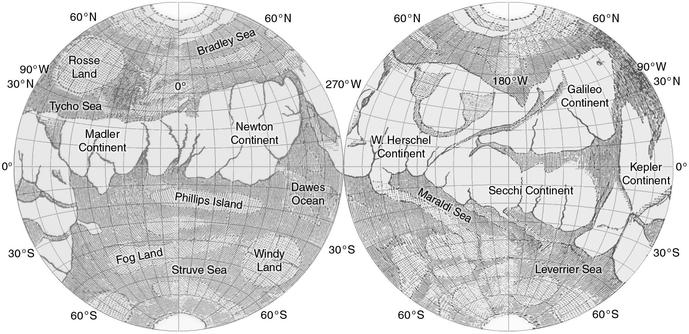 A map of Mars made by Richard Proctor in 1888, showing lands and seas, but with rivers on the land masses. Other astronomers of the period were calling them canals and drawing them in a more geometric style. I think the river interpretation is unique. 