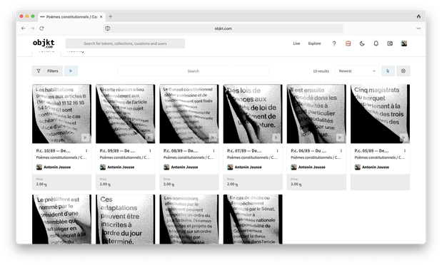 screenshot de l'interface de objkt.com, la page est ouverte sur la série des "poèmes constitutionnels" d'antonin jousse, 10 images sont visibiles de drapeaux flottants noir et blanc recouverts de texte