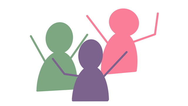 a colorful group of people raising their arms