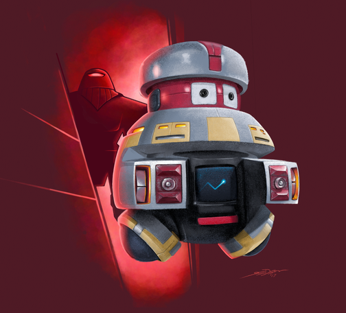 Digital color, pencil illustration of the robot Vincent from the black hole. The menacing Maximilian looms in the background, glowing in red light.