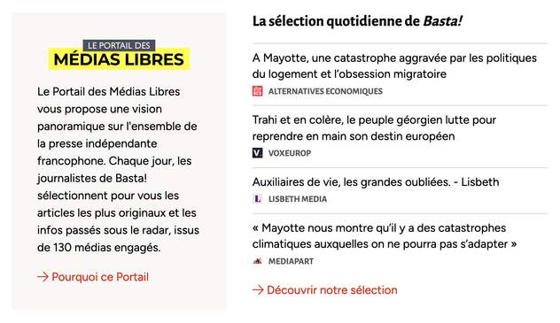 La sélection quotidienne d'articles issus de médias indépendants réalisée par l'équipe de Basta! sur le Portail des médias libres