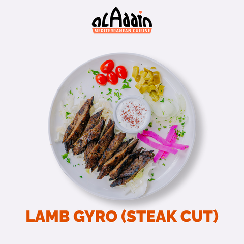 The Lamb Gyro (Steak Cut) from Aladdin Mediterranean Cuisine is a mouth-watering combination of bold flavors and fresh ingredients that transport your taste buds to the heart of the Mediterranean.