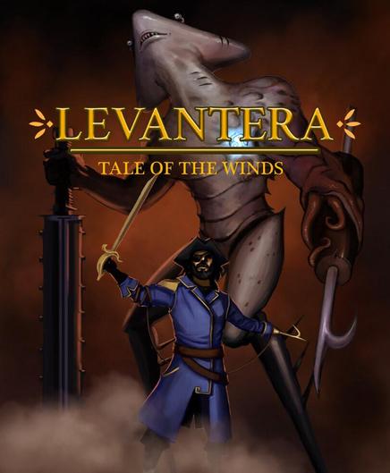 Levantera tale of the winds logo. There is a pirate in front of a giant shark creature who has a sword and harpoon hand. 