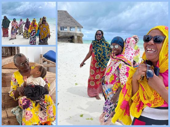 3 Fotos als Collage, 2 davon am Strand aufgenommen. Eine Gruppe von Frauen steht  in bunten Kleidern am Strand. Sie tragen die gespendeten Sonnenbrillen und lachen stolz in die Kamera. Im Hintergrund ein Steinhaus mit Schilfdach. Auf einem Foto schaut ein Kleinkind erstaunt seine Oma an, die eine gespendete Brille trägt.