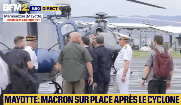 Capture écran BFM Macron sur le tarmac de l'aéroport de 
Mamoudzon à Mayotte 
