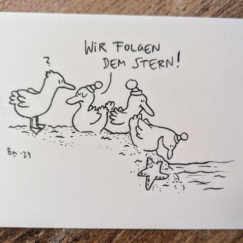 Ente wundert sich. Drei weitere Enten mit Weihnachtsmützen sitzen faul rum. Eine erklärt: Wir folgen dem Stern. Eine andere Ente schaut nach unten Richtung Wasser auf einen Seestern