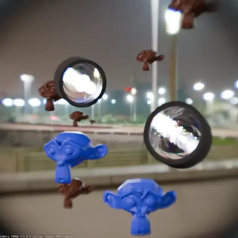 This is the same Blender rendering test but with a Ray Portal BSDF, the image show the a wide filed of view in a 100mm lenses optics assembly, that can be adjusted via vector mapping node.