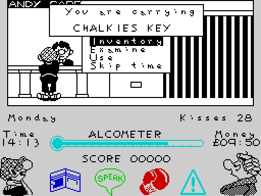 Modified screenshot of Andy Capp on the ZX Spectrum. The text has been re-rendered using the Rugrats: Time Travelers font.