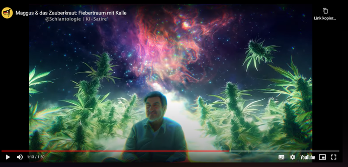 Screenshot Dezember 2024
Schwerkraftanomalien - Herr Söder [im Hanfuniversum einer fantastischen Traumlandschaft :-) ] in einem Satirevideo - Herkunft unbekannt.

Lieber Herr Markus Thomas Theodor Söder bitte schenken Sie auch den "Kiffern" und "Kifferinnen" auf Erden ihre bedingungslose Liebe. Es sind genauso Menschen wie Sie und ihre Freunde und Familie. Mit Träumen, Wünschen, Herausforderungen ... und Problemen der Zeitgeschichte. Es sind Menschen die man mit Würde und Respekt behandeln sollte, Sie lieber für das Allgemeinwohl zuständiger Amtsinhaber-Christenmensch. Oder nicht?!

https://youtu.be/CubOKTw7I7I