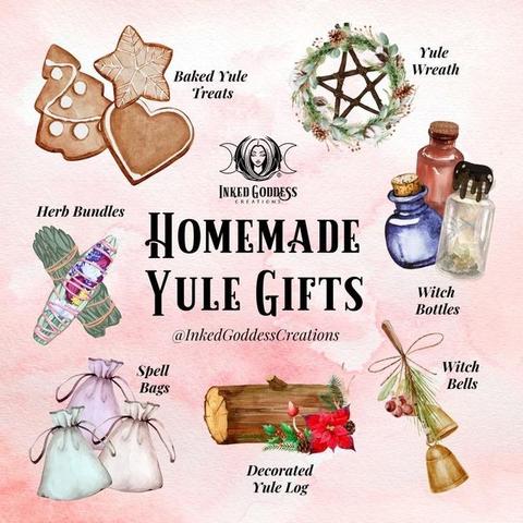 Illustrations of a variety of homemade Yule gifts are arranged on a red watercolor background. The text next to each illustration lists the name of the item: baked Yule treats; Yule wreath; herb bundles; witch bottled; spell bags; witch bells; and a decorated Yule log. Presented by Inked Goddess Creations.