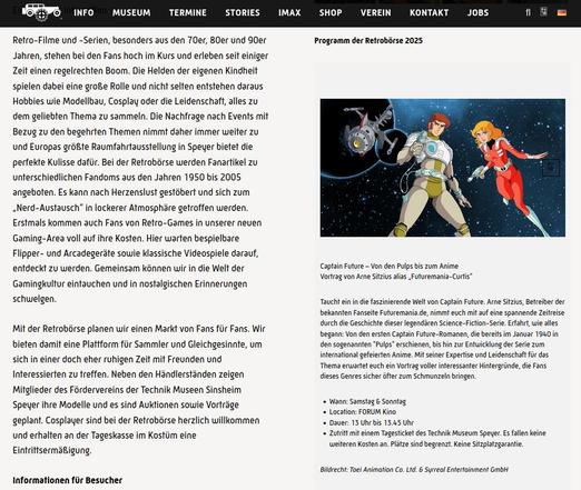 Screenshot der Website des Technik-Museums Speyer mit links dem Text zur Verantsaltung an sich und rechts dem Programm... Zu sehen sind rechts im Bild Captain Future und Joan Landor, im Hintergrund sind Sterne und Planeten sowie die COMET zu erkennen: Das ist eindeutig das Symbolbild für meinen Vortrag ;-)