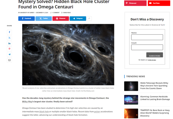 Screenshot Dez. 2024 Artikel Bild zeigt künstlerische Darstellung eines Clusters von Schwarzen Löchern im Universum.

Omega Centauri’s Mysteries
Omega Centauri, a massive star cluster with nearly ten million stars, is located in the constellation Centaurus. Astronomers have long been puzzled by the unusually high velocities of stars near its center. Two main theories emerged to explain this: the presence of an intermediate-mass black hole (IMBH), weighing about 100,000 times the mass of the Sun, or a cluster of smaller, stellar-mass black holes, each only a few times the Sun’s mass.

https://scitechdaily.com/mystery-solved-hidden-black-hole-cluster-found-in-omega-centauri/