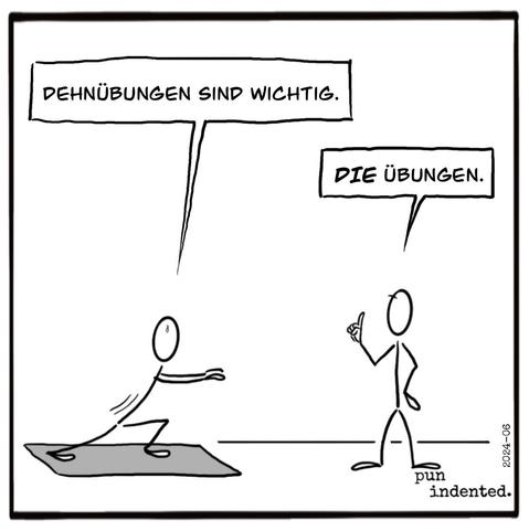Ein Cartoon. Person A macht Übungen auf einer Yogamatte und sagt: Dehnübungen sind wichtig. Person B mahnt an: "Die" Übungen!