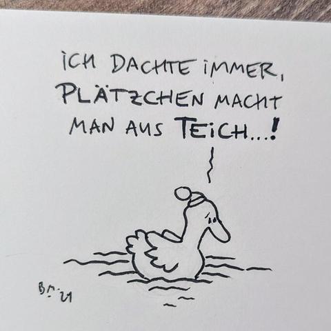 Ente schwimmt, schaut auf das Wasser und wundert sich: Ich dachte, Plätzchen macht man aus Teich.