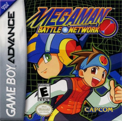 L'image représente la couverture du jeu vidéo "MegaMan Battle Network" pour Game Boy Advance. Il présente deux personnages, MegaMan et un garçon, avec des couleurs vives et un fond de grille. Le logo et les éléments de marque, y compris la classification par âge