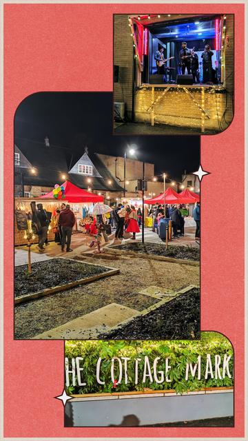 three pictures of a christmas market at night, one showing a band playing on a bandstand, one showing the booths under flooslights, one some showing the letters standing on a wall to spell THE COTTAGE MARKET