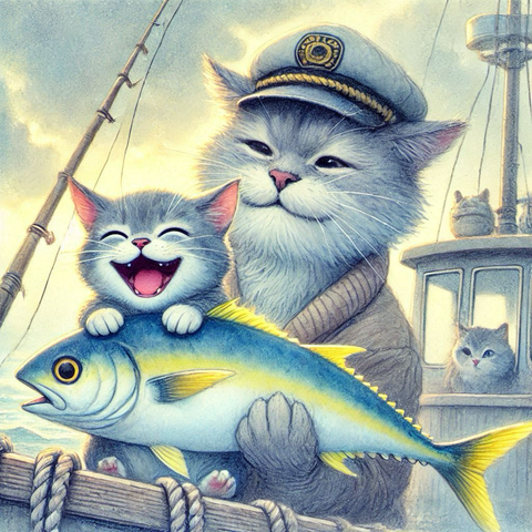 冬の曇り空の下、漁船で釣り上げた大きなブリを抱えて喜ぶ子猫と、それを優しく見守る船長猫