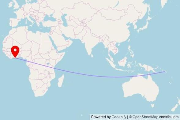 A map showing the great circle route from Honiara in Solomon Islands to a map pin at Église Saint-François Xavier, B102, Aboisso, Côte d'Ivoire