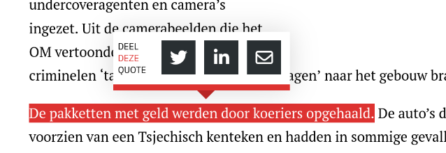 Screenshot van de share buttons op de #FollowTheMoney website. Twee share buttons voor surveillance kapitalistische platforms, en één voor mail (die niet werkt bij mij). Geen sharebutton voor het publiekewaardengedreven #mastodon.
