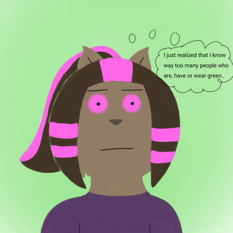 Drawing of Nova looking shocked and she says "I just realized that I know way too many people who are, have or wear green.." in her mind. Ironically the background is in green color