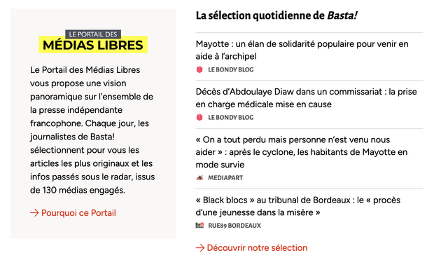 La sélection quotidienne d'articles issus de médias indépendants réalisée par l'équipe de Basta! sur le Portail des médias libres