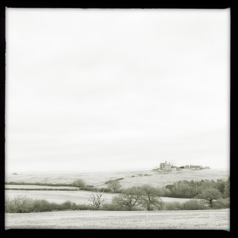 a black and white landscape on a very damp snd grey day: the scene is a view of a hill top farm, with a field and wood in the foreground, and lots of sky (all of it grey) in the background