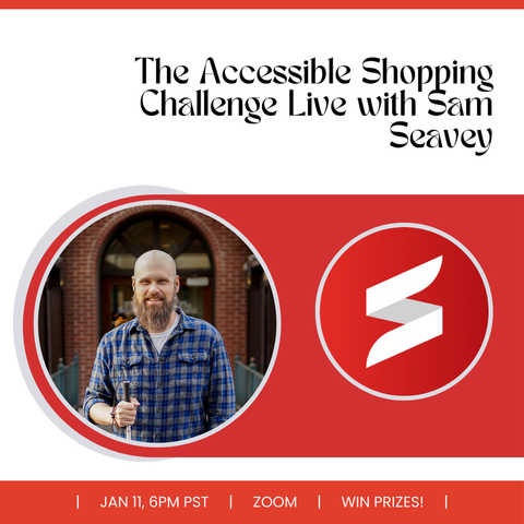 A promotional graphic for “The Accessible Shopping Challenge Live with Sam Seavey.” The design features a photo of Sam Seavey, a bearded man holding a white cane, wearing a blue plaid shirt. To the right is the InnosearchAI logo in a red circle. The event details are listed at the bottom: “Jan 11, 6 PM PST | Zoom | Win Prizes!” in a red banner.