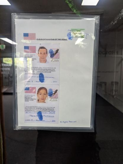 Two" naval passports" featuring American flags, fingerprints, and statements about the lease being a vessel