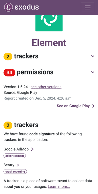 Exodus website showing the results for the app Element and the two listed trackers now included in the app, one of them being Google's AdMob.