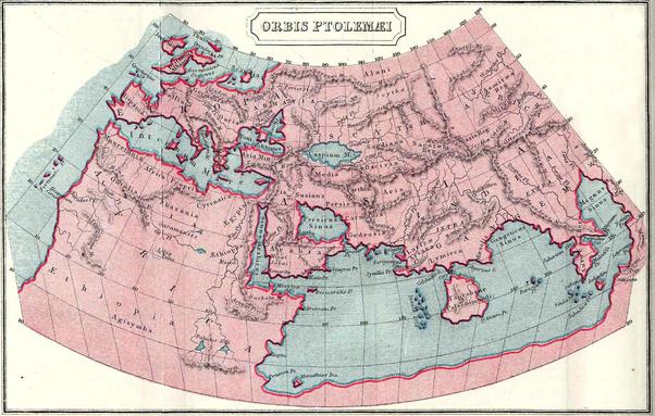 A map of the world (as know to him) by Claudius Ptolemaeus, or Ptolemy, c. the year 150. It didn't survive but has been reconstructed from lists of places and their latitude and longitude. 
