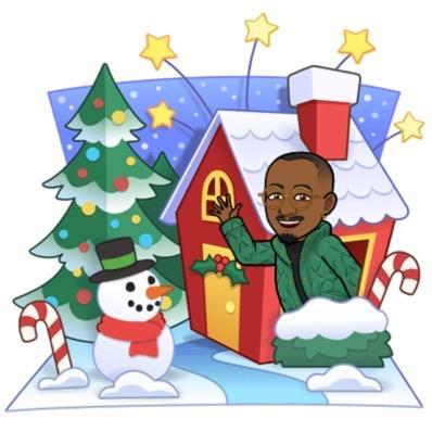A festive illustration featuring a man waving from a red house, surrounded by a Christmas tree, a snowman, and candy canes. The scene includes stars and snow, creating a cheerful holiday atmosphere.