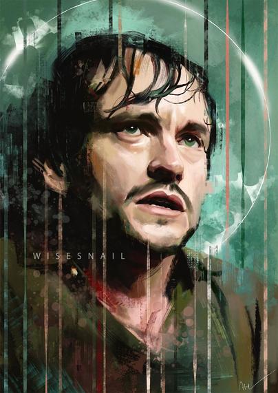 Digital portrait of Hugh Dancy as Will Graham. His hair is plastered to his forehead, and he's looking at something out of focus, with his mouth slightly open. The green background recalls the green of his eyes. A white halo surrounds his head.
