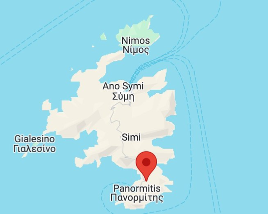 Eine Karte von Symi zeigt die Position der Menschen im Not am nördlichen Ende der Insel.