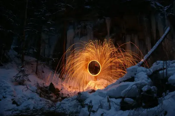 A person stands in the center of a large circle of fiery sparks created by spinning burning steel wool at night in a snowy, wooded area. The sparks radiate outward, creating a bright orange and yellow glow against the dark background.  The person is silhouetted within the circle of sparks.  The background shows a snow-covered forest with icy formations on a rock face.

Provided by @altbot, generated using Gemini