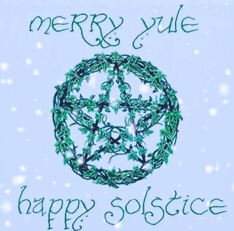 Merry Yule/Happy Solstice words with a vine covered pentagram 