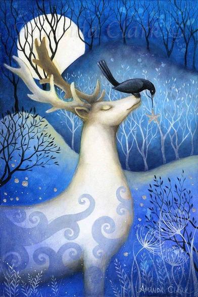 Stylized white stag with a crow sitting on his nose. The crow is holding a star on a string; the landscape is a blue winter scene with a full moon