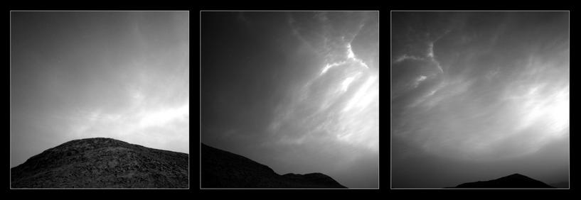 Three black and white photographies of drifting clouds above a Martian landscape