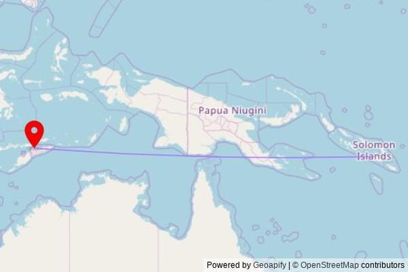 A map showing the great circle route from Honiara in Solomon Islands to a map pin at Liquicá Church, Estrada Balibó - Liquicá, Dato, East Timor