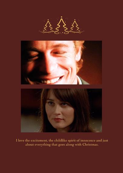 Images of Simon Baker as Patrick Jane and Robin Tunney as Teresa Lisbon from The Mentalist tv show on a burgundy Christmas background 