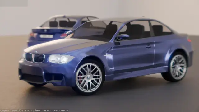 3D rendering done with Blender with the example file of a BMW created by Mike Pen, with a 3D camera lens created with H. Zollner's patent of a Tessar lens.
