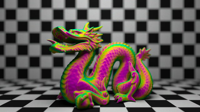 the stanford dragon model rendered in iridescent colors, a blend of bright magenta and lime green