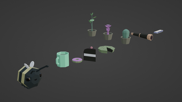 A series of low poly objects, a round stuffed bee, a pale green mug, a doughnut with purple icing, a slice of chocolate cake, a meat pie with a slice missing, a potted cacti, a potted purple alien plant, a potted green plant with broad laves, a telescope, and a harmonica