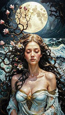 A serene woman with flowing dark hair adorned with blossoms stands against a backdrop of a large, luminous moon and turbulent sea.