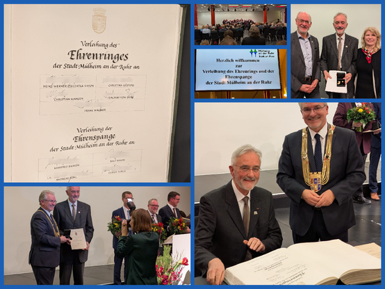 Collage aus mehreren Fotos aus der Stadthalle Mülheim an der Ruhr. Man sieht einen großen Raum, vorne das Podium, dahinter gestuhlte Reihen für ca. 200 Besucher und Besucherinnen. Auf einer Anzeigetafel sieht man das Logo der Stadt Mülheim Ruhr und den Text "Verleihung des Ehrenrings und der Ehrenspange der Stadt Mülheim an der Ruhr". Ein Foto zeigt die Verleihung der Urkunde und der Ehrenspange durch den Oberbürgermeister Marc Buchholz an Ralf Hamm. Dann sitzt Ralf Hamm bei seiner Eintragung vor dem Goldenen Buch der Stadt, der OB steht daneben und trägt seine goldene Amtskette. Die Seite des Goldenen Buches und ein Foto von Ralf Hamm mit einer Helferin und einem Helfer von Labdoo sind auch zu sehen.