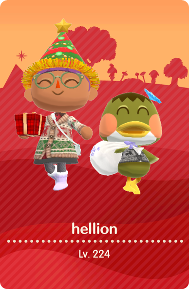 A player card with cartoon-style avatars of a brown-skinned character with a purple ponytail wearing a Christmas party hat with tinsel around the brim, and a knit sweater with a reindeer pattern. There is a companion duck wearing a similar sweater, and a snowflake barrette, holding a white gift bag.