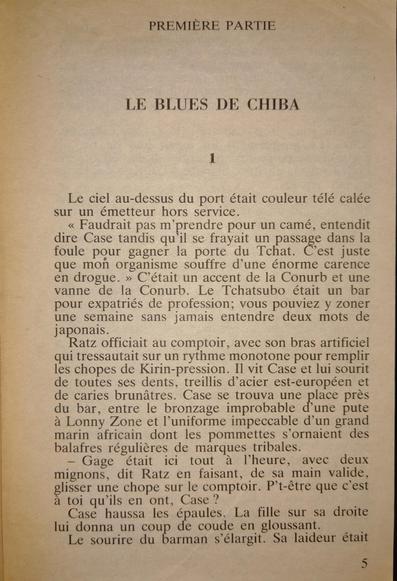 The first page from the French edition of Neuromancer by William Gibson.
The page is yellowed, betraying its age.